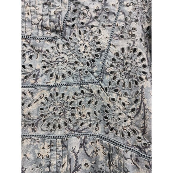 Frye Womens Blouse Medium Blue Paisley Eyelet BOHO Keyhole Back Ruffle Top - Picture 3 of 11